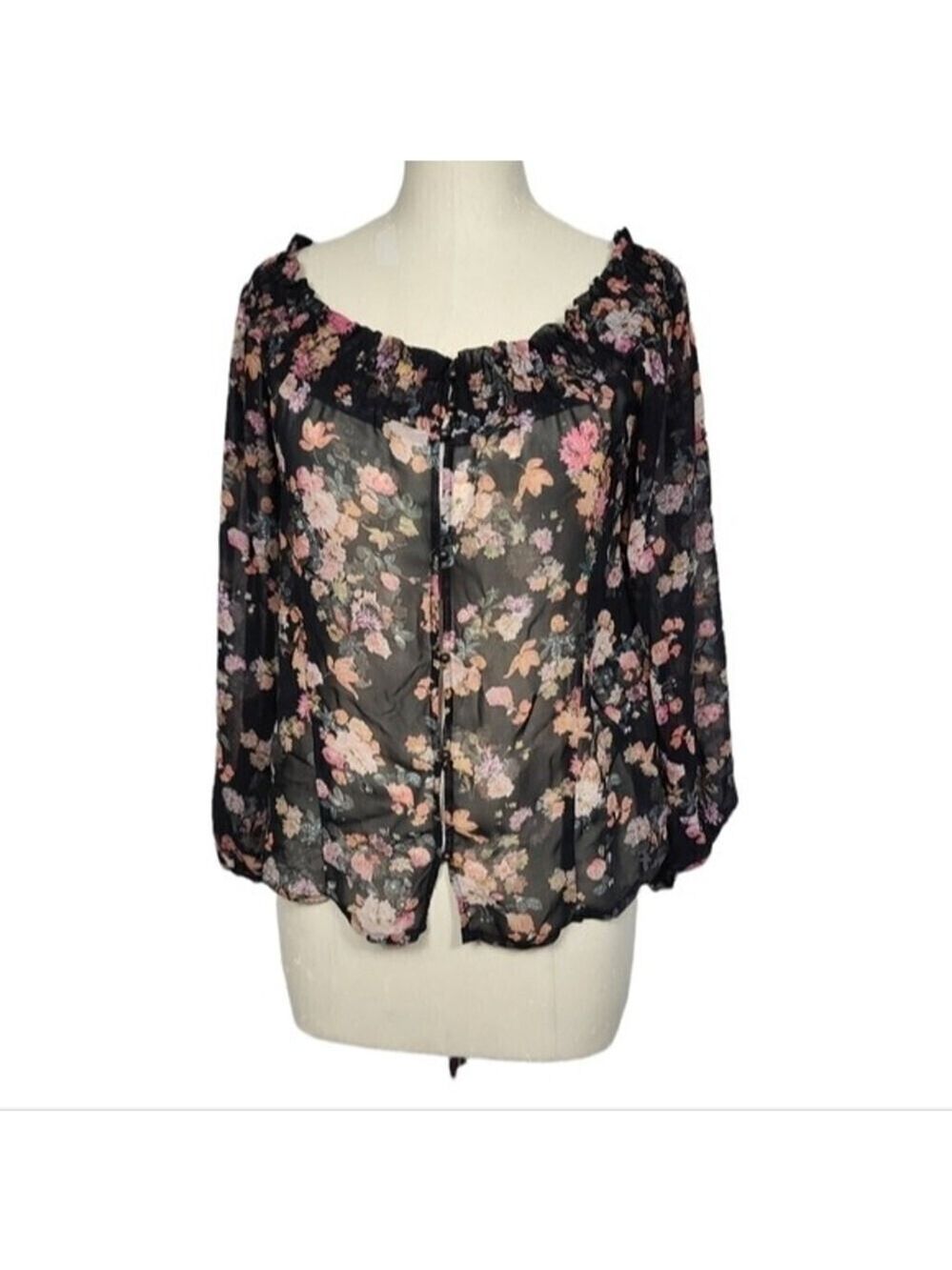 Tobi Floral Smocked Button Down Sheer Long Sleeve Blouse S